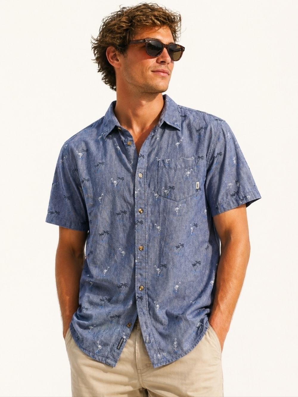 Vans Blue Short-Sleeve Palm Tree Flamingo Print Button Down Shirt, Large